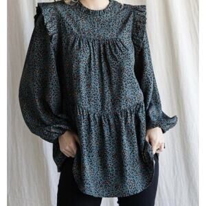 Jodifl Long Sleeve Top Womens Sz S Leopard Print Ruffle Bubble Sleeve Frill Mock